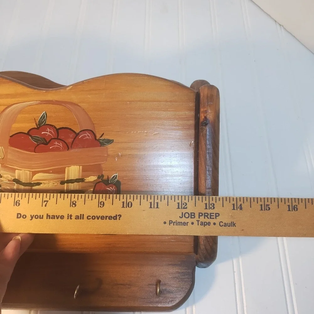 Vintage Wood Apple 2 Slot Wall Mail Bill Sorter Hanging Key Rack Cottage Rustic